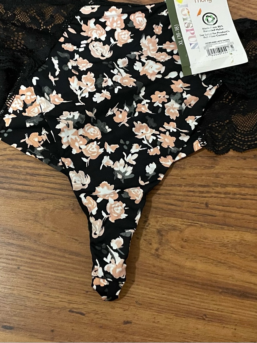 New Joyspun Floral Lace Trim Thong Panties Underwear - Black with Peach Flowers